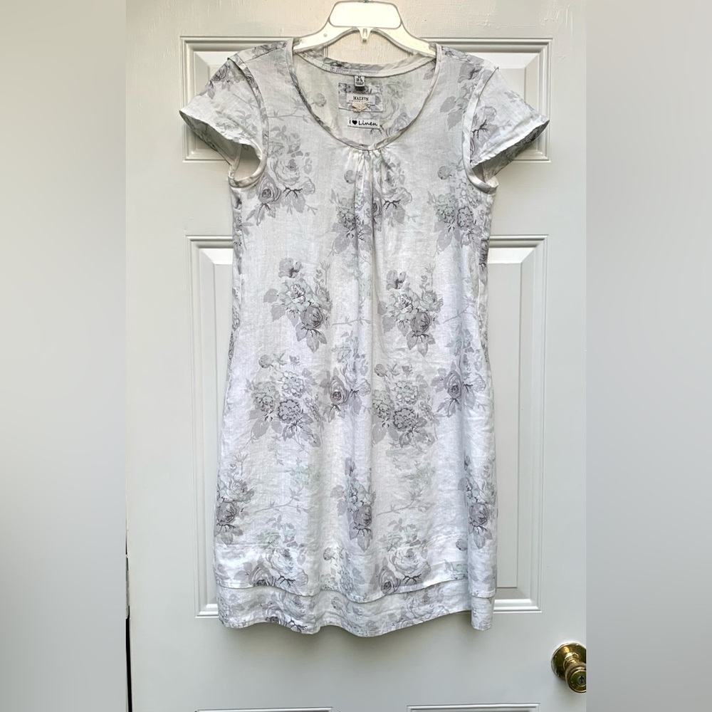 MALVIN I Love Linen Dress Cap Sleeve Pockets Size M White Lilac Rose Beach Boho